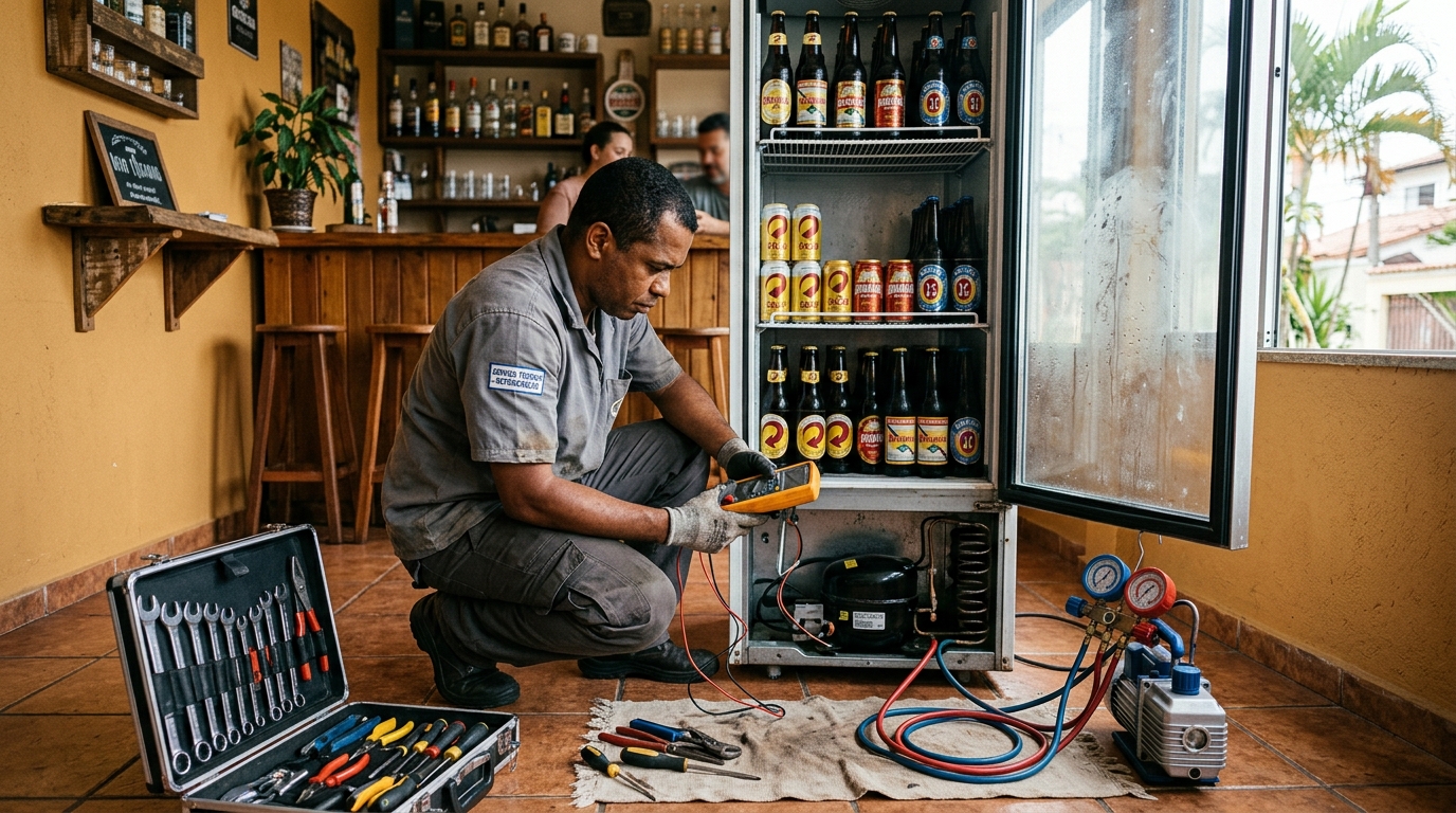 Troca de termostato de cervejeira em atendimento técnico em Guarulhos‑SP